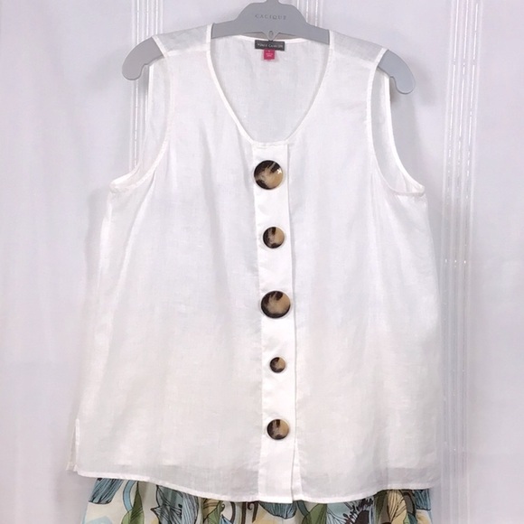 Vince Camuto Tops - VINCE CAMUTO White 💯% Linen Semi Sheer Sleeveless Popover Button Detail